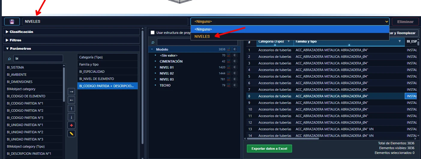 Configuraciones guardadas del Panel Datos