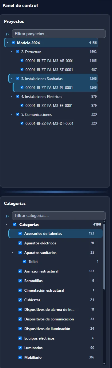Panel de control completo con proyectos y categorías